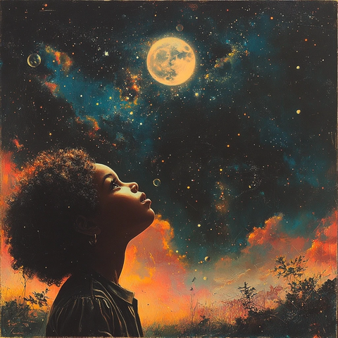 小女孩仰望满月宇宙