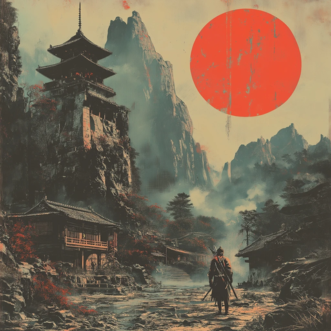 武士伫立日本古村前