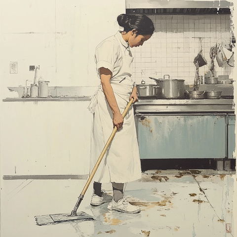 厨师专注拖地厨房场景