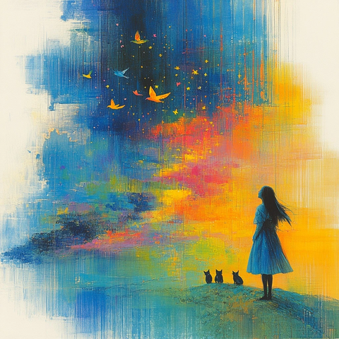 女孩飞翔云端与鸟星猫相伴