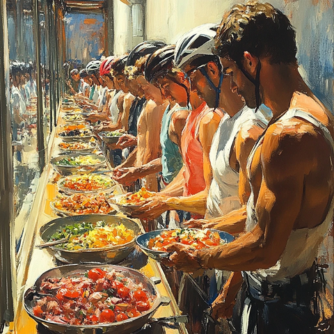 骑行者排队等候自助餐