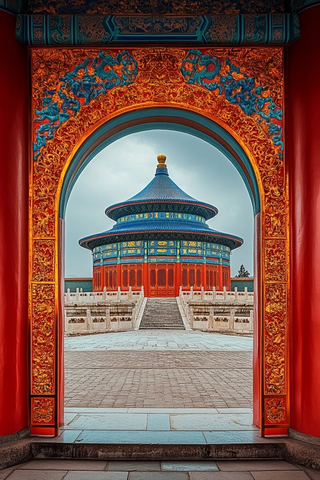 透过拱门看天坛建筑的全景