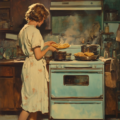 妈妈煮早餐给孩子们