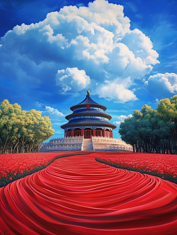 天坛建筑前景为红绸带造型的景象