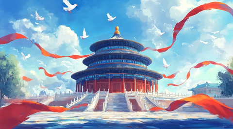 天坛古建筑风光与红绸白鸽的美好景象