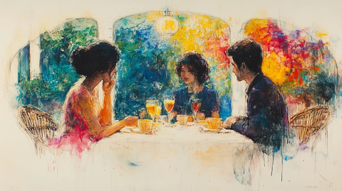 三人白背景咖啡厅花园