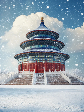 雪中的天坛祈年殿全景