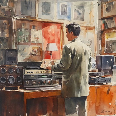 立体声商店销售员展示音响设备