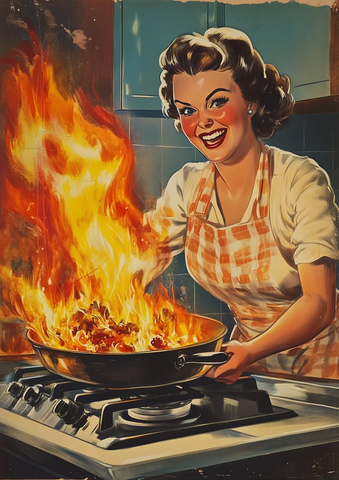 主妇烧焦晚饭菜火光冲天笑颜开