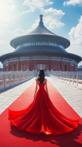 天坛前红毯上的红裙女子背影