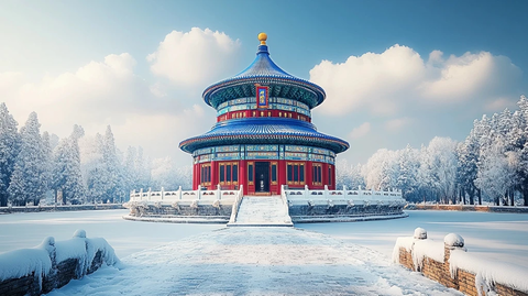 天坛冬日雪景白雪覆盖尽显古建筑之美