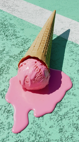 倒置冰淇淋融化在绿色路面