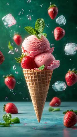 草莓冰淇淋与薄荷叶飘浮