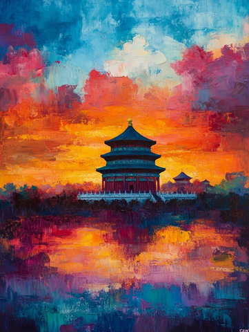 天坛在绚丽天空下的倒影景象