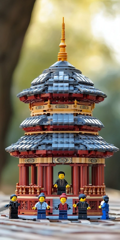 乐高人偶在古建筑前的场景