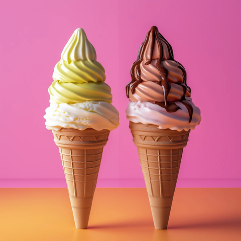双色冰淇淋甜筒与巧克力波浪背景
