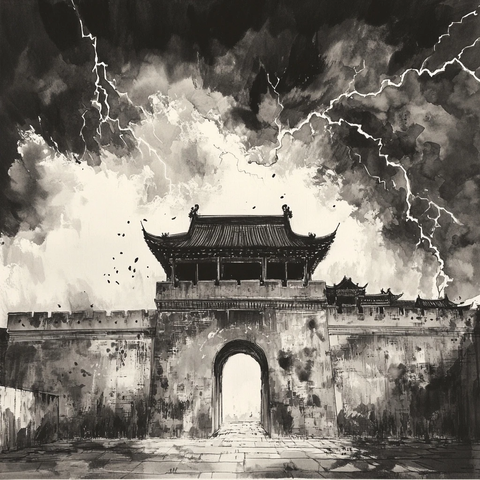 闪电下的古城门