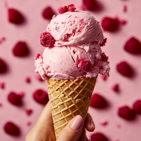 手拿冰淇淋勺与覆盆子