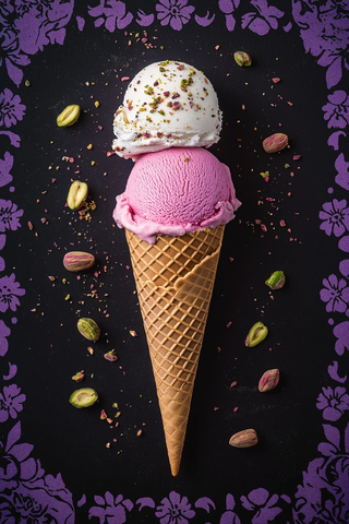 双色冰淇淋锥与开心果背景