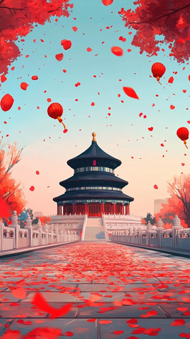 天坛建筑前铺满落花空中飘着红灯笼