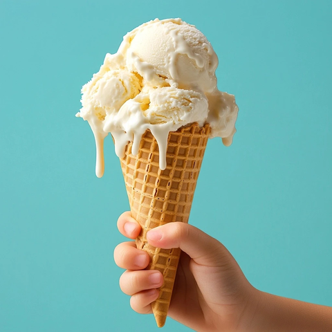 小孩手握冰淇淋融化