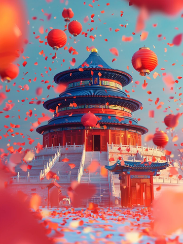 天坛建筑前漫天飞舞的红色灯笼和花瓣