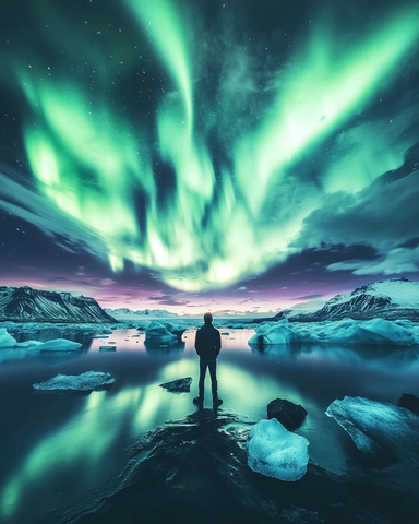 冰湖夜空北极光