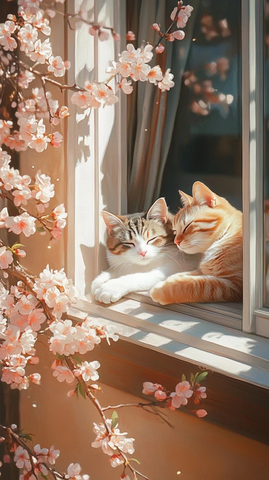 猫与桃花窗前相伴