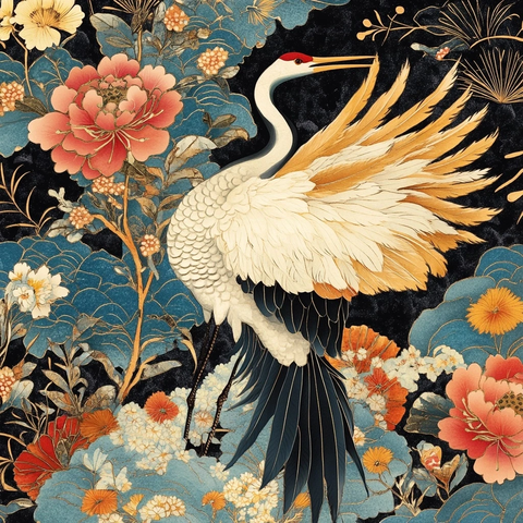 鹤鸟与日本花卉图案