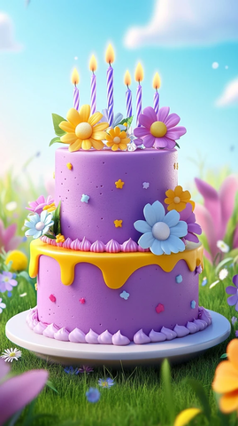 紫色黄色蓝绿色生日蛋糕