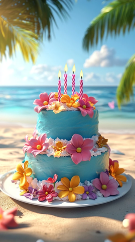 三层生日蛋糕沙滩背景