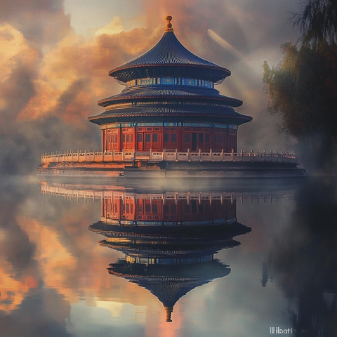 水中倒影映衬下的天坛古建筑之美