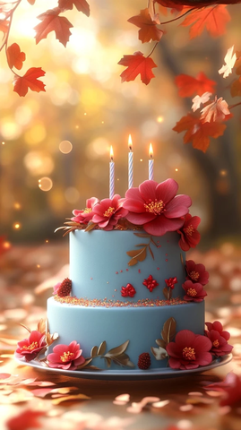 蓝色双层生日蛋糕与红花朵