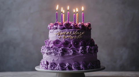 三层紫色蛋糕与烛光