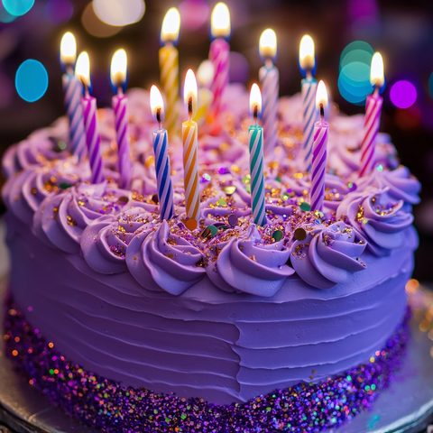 紫色糖霜生日蛋糕与闪粉蜡烛