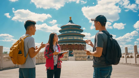 天坛前的年轻游客交流讨论