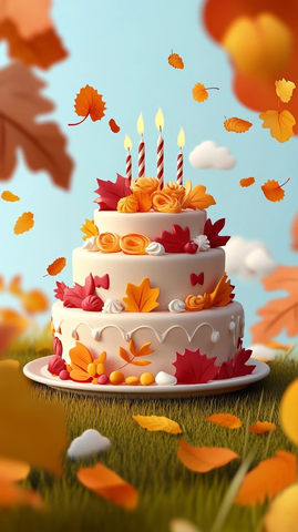 秋天生日蛋糕与落叶草地