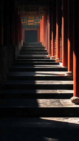 古建筑中的红柱长廊光影效果