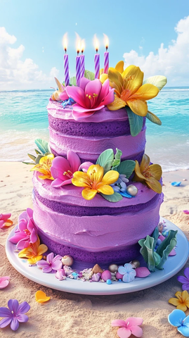 紫色黄色海蓝生日蛋糕与花朵