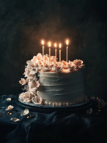 单层生日蛋糕与糖花蜡烛