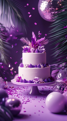 生日派对蛋糕与紫色装饰