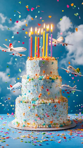 三层蛋糕与飞机蜡烛云朵