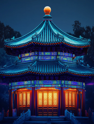古色古香的传统中式楼阁夜景