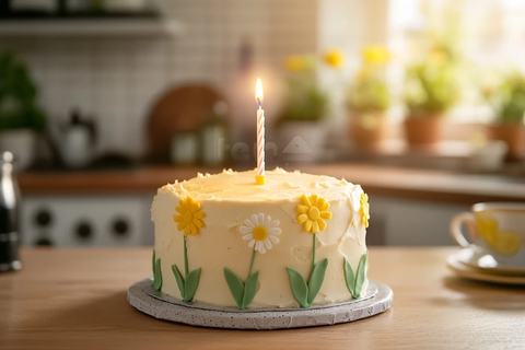 自制生日蛋糕搭配奶油花朵蜡烛