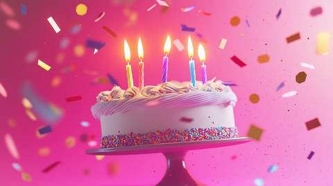 悬浮蛋糕与四烛火焰飘散五彩纸屑