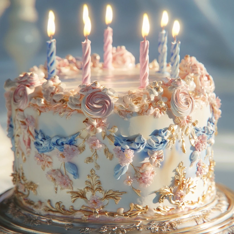 蓝白粉三色蛋糕与蜡烛