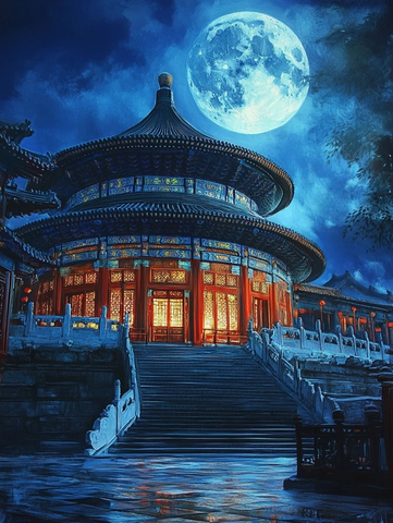 月光下的中式古典建筑夜景