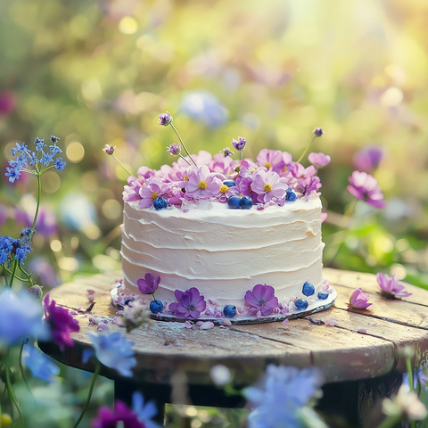 花园蛋糕与紫色花朵