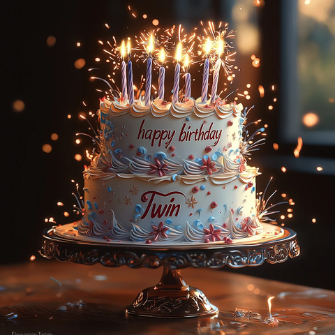 生日蛋糕与烟花庆祝双胞胎生日