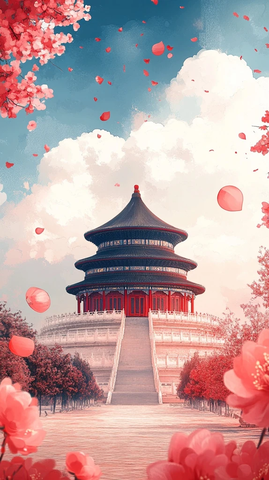 天坛古建筑下漫天飞花的唯美景象